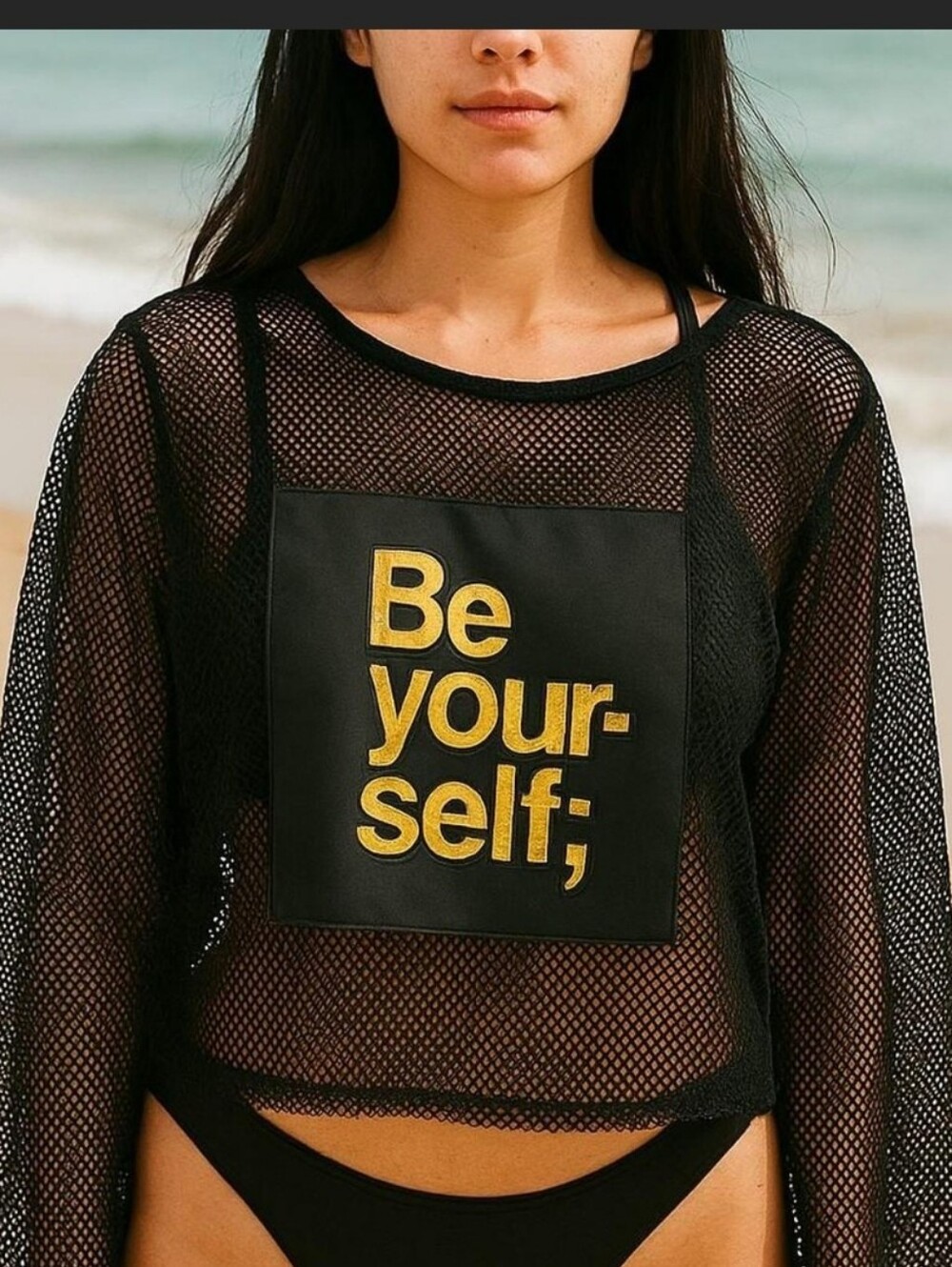 Black Mesh 'Be Yourself' Cropped Top